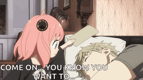 a girl with pink hair is standing next to a sleeping man with the words come on you know you want to on the bottom