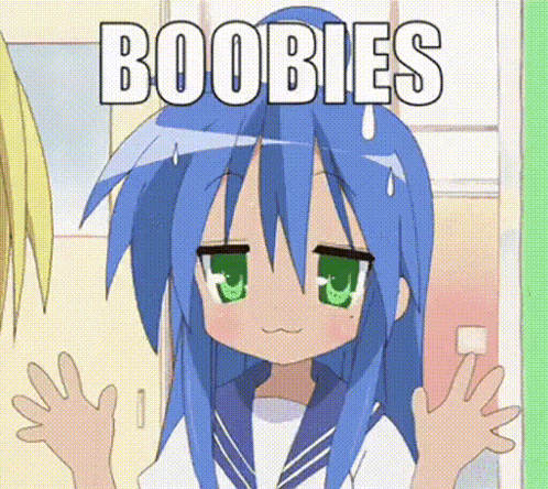 a girl with blue hair and green eyes has the word boobies written on her face