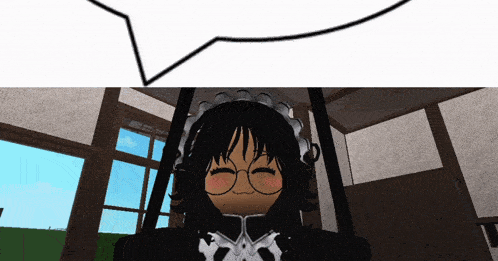 a girl wearing glasses and a maid outfit is sitting in a room with a speech bubble above her head