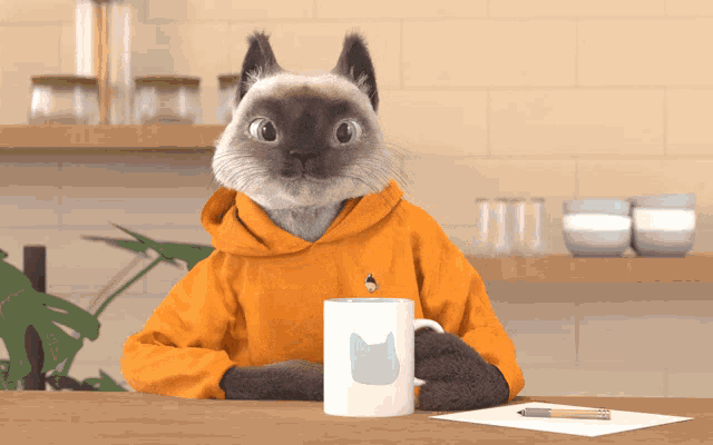 a cat wearing an orange hoodie sits at a table holding a coffee mug
