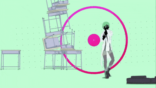a man in a lab coat stands in front of a pink circle