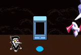 a pixel art drawing of a cartoon character standing next to a cell phone
