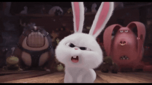 a white rabbit with a pink ear is standing in front of a group of monsters