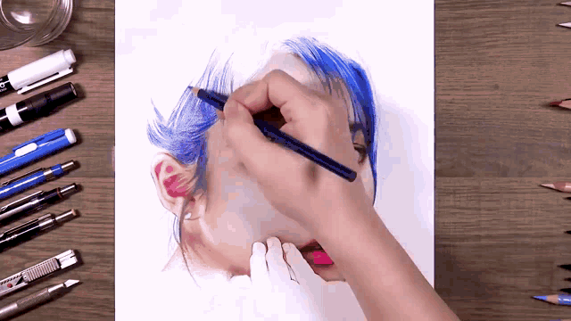 a person is drawing a woman with blue hair and red lips