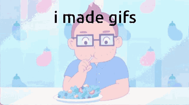 a cartoon of a man eating a salad with the words " i made gifs " below him