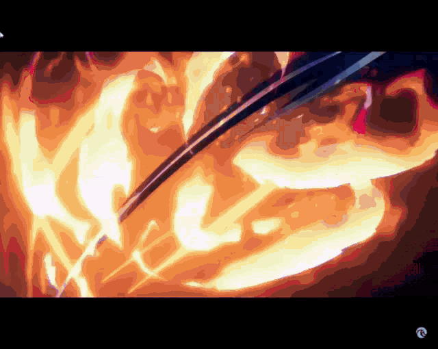 a drawing of a person holding a sword surrounded by fire
