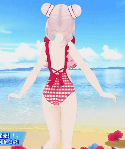 a girl in a red and white checkered swimsuit stands on the beach