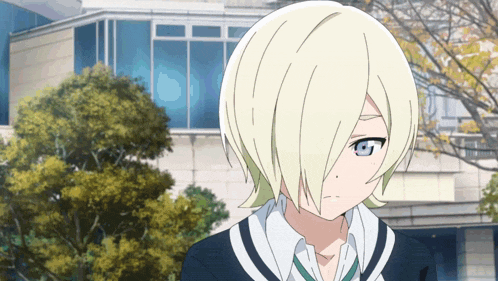 a girl with white hair and a blue eye is standing in front of a building