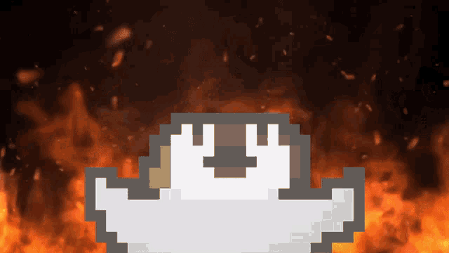 a pixel art drawing of a ghost with a flame in the background
