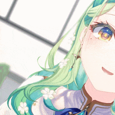a close up of a anime girl with green hair