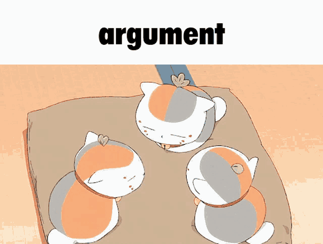 three cartoon cats are sitting on a bed under the word argument