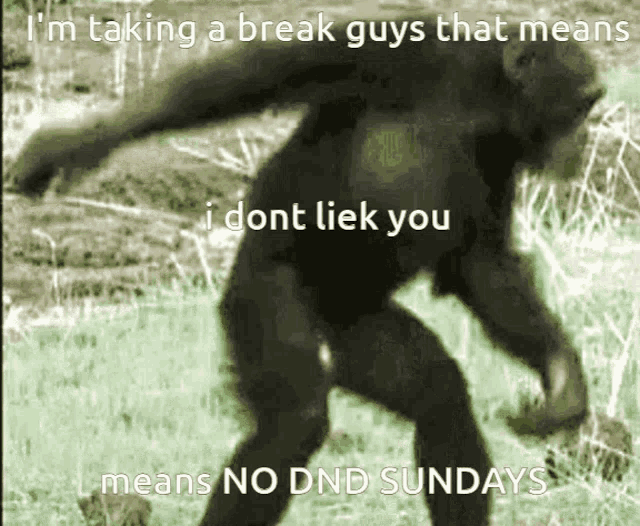 a picture of a monkey that says i 'm taking a break guys that means