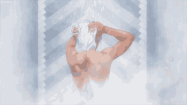 a naked man is taking a shower with a striped wall behind him