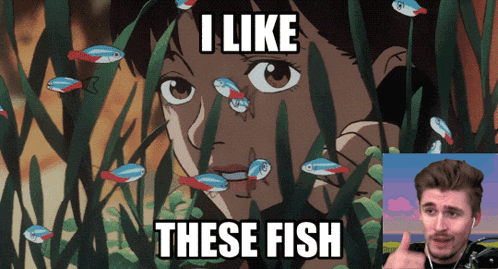 a cartoon of a woman surrounded by fish and the caption i like these fish