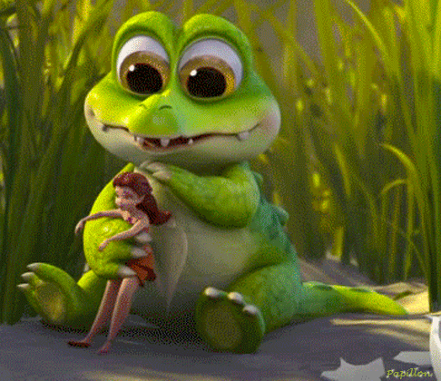 a cartoon frog is holding a little girl in its paws