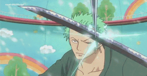 a man with green hair is holding a large sword in front of a rainbow .