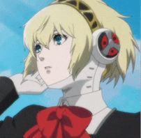 a blonde anime girl wearing headphones and a bow tie