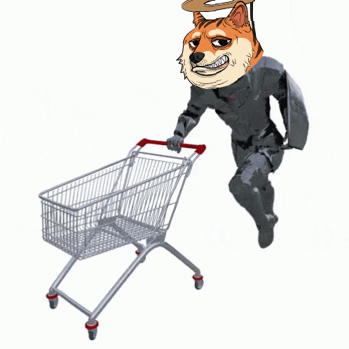 a doge with a halo on its head pushes a shopping cart