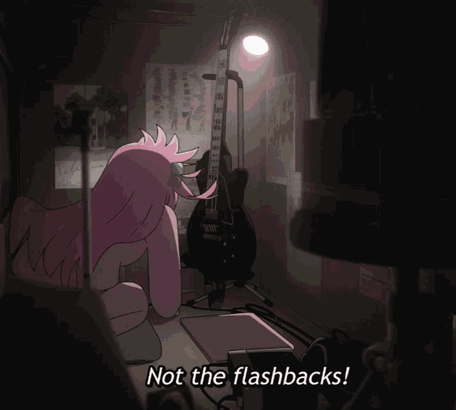 a cartoon of a girl and a guitar with the words begone begone filthy memories