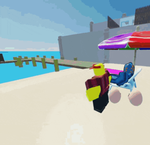 a cartoon character is walking on a beach with an umbrella and a chair
