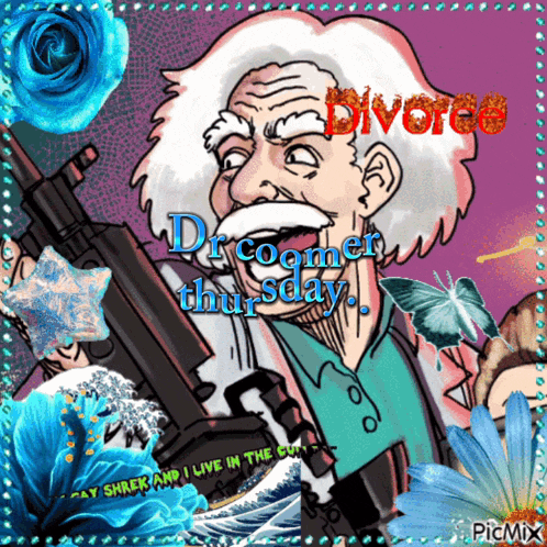 a cartoon of a man holding a gun with the words divorce written above him