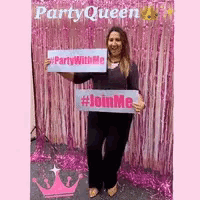 a woman holding a sign that says party with me and join me