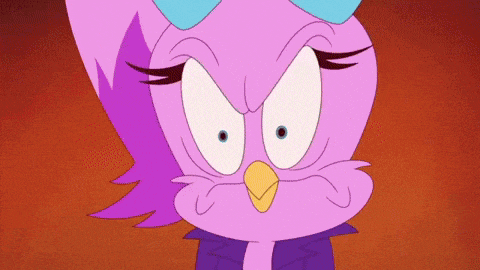 a cartoon character with purple hair and a yellow beak is making an angry face .
