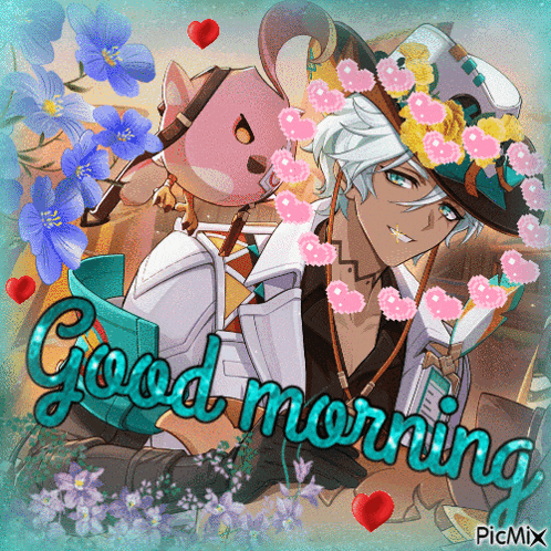 a picture of a man and a cat with the words good morning written on it