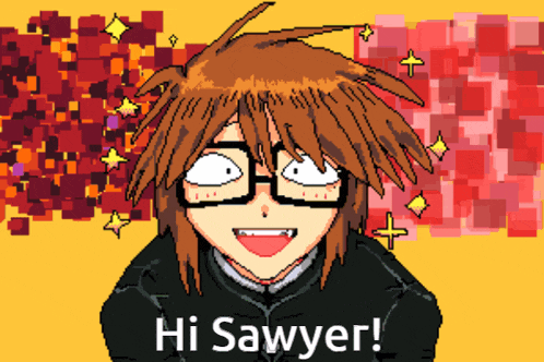 a pixel art drawing of a boy with glasses and the words hi sawyer
