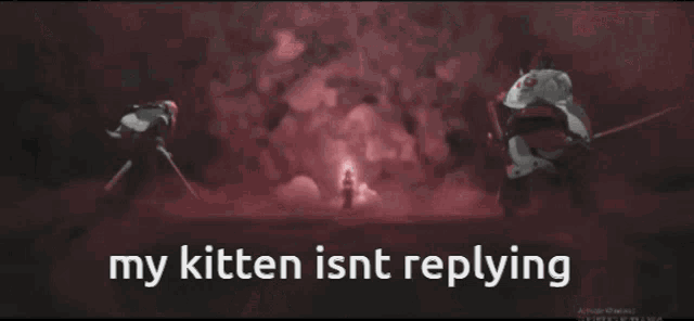 a picture of a man standing in front of an explosion with the caption my kitten isnt replying