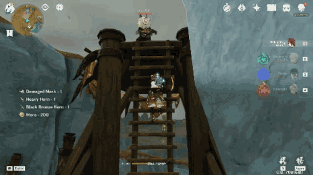 a screenshot of a video game shows a ladder leading up to a tower