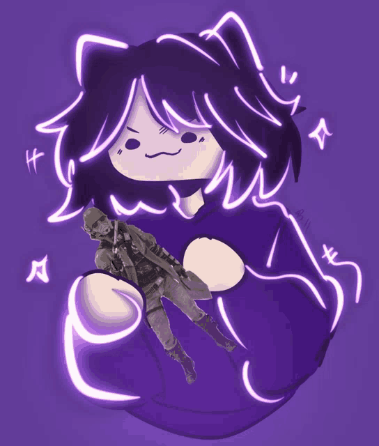 a drawing of a person holding a gun with a purple background and a few stars