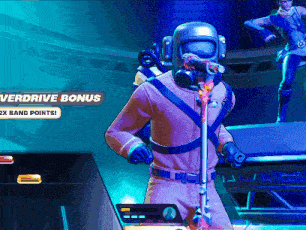 a man in a gas mask stands in front of a microphone in a video game