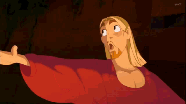 a cartoon of a man in a red shirt is pointing at something