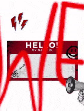 a person holding a megaphone next to a hello sign