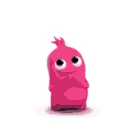 a pink cartoon character with big eyes and a feather on its head