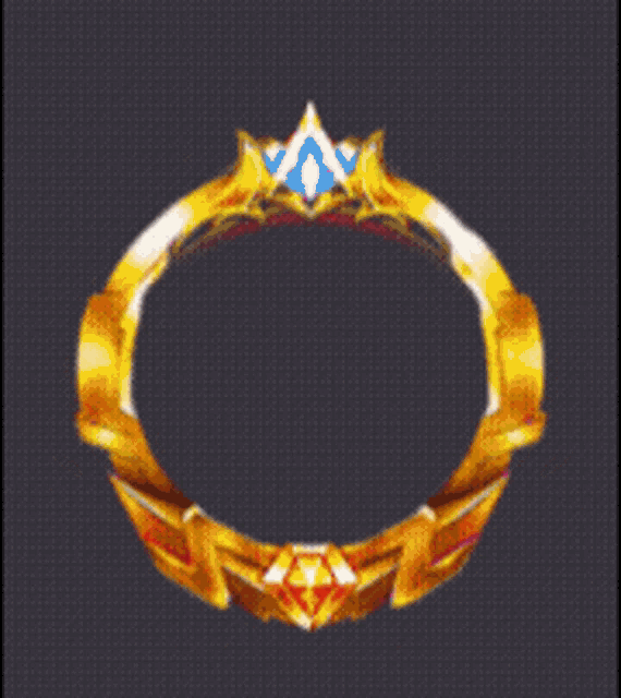 a gold ring with wings and a crown on a dark background