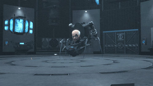 a robot is floating in a room with a sign that says " emergency exit "