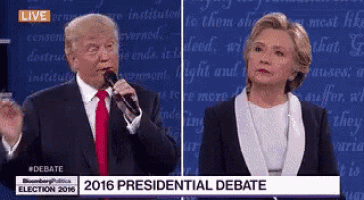 donald trump and hillary clinton are giving a presidential debate in front of a blue background .