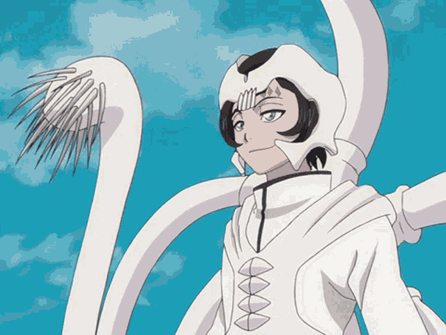a cartoon character is wearing a white helmet with a purple eye