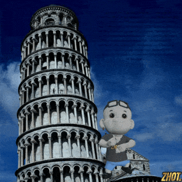 a cartoon character is standing in front of a very tall building with the word zhot on the bottom