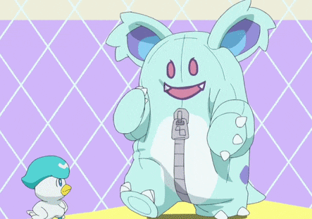 a stuffed animal with a zipper on its belly is standing next to a smaller stuffed animal