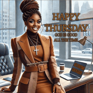 a woman sitting at a desk with the words happy thursday god is good all the time above her