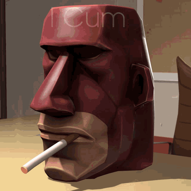 a statue of a man with a cigarette in his mouth and the word cum on it