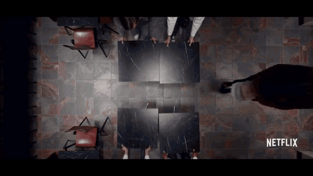 an advertisement for netflix shows a group of people standing around a table