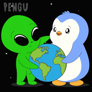 a green alien and a blue penguin holding a globe in their hands