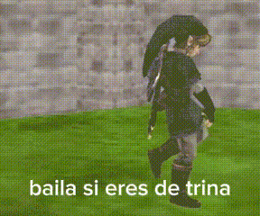 a video game character is walking on a grassy field with the words baila si eres de trina written on the bottom
