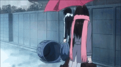a man and a woman are holding an umbrella in the rain .