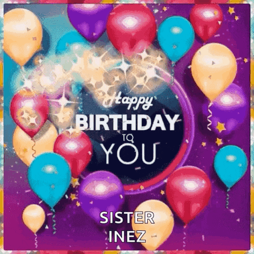 a birthday card for a sister with balloons and confetti on a purple background .