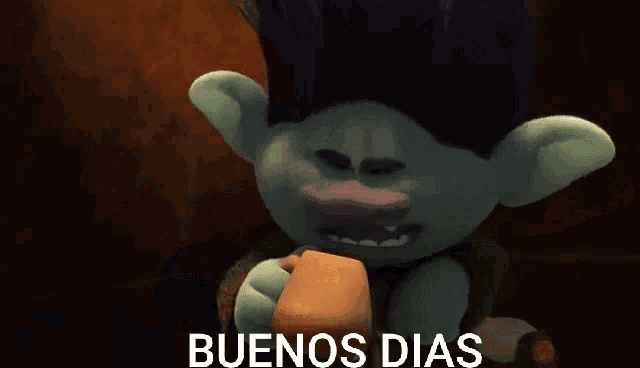 a troll from the movie trolls says buenos dias while holding a sandwich